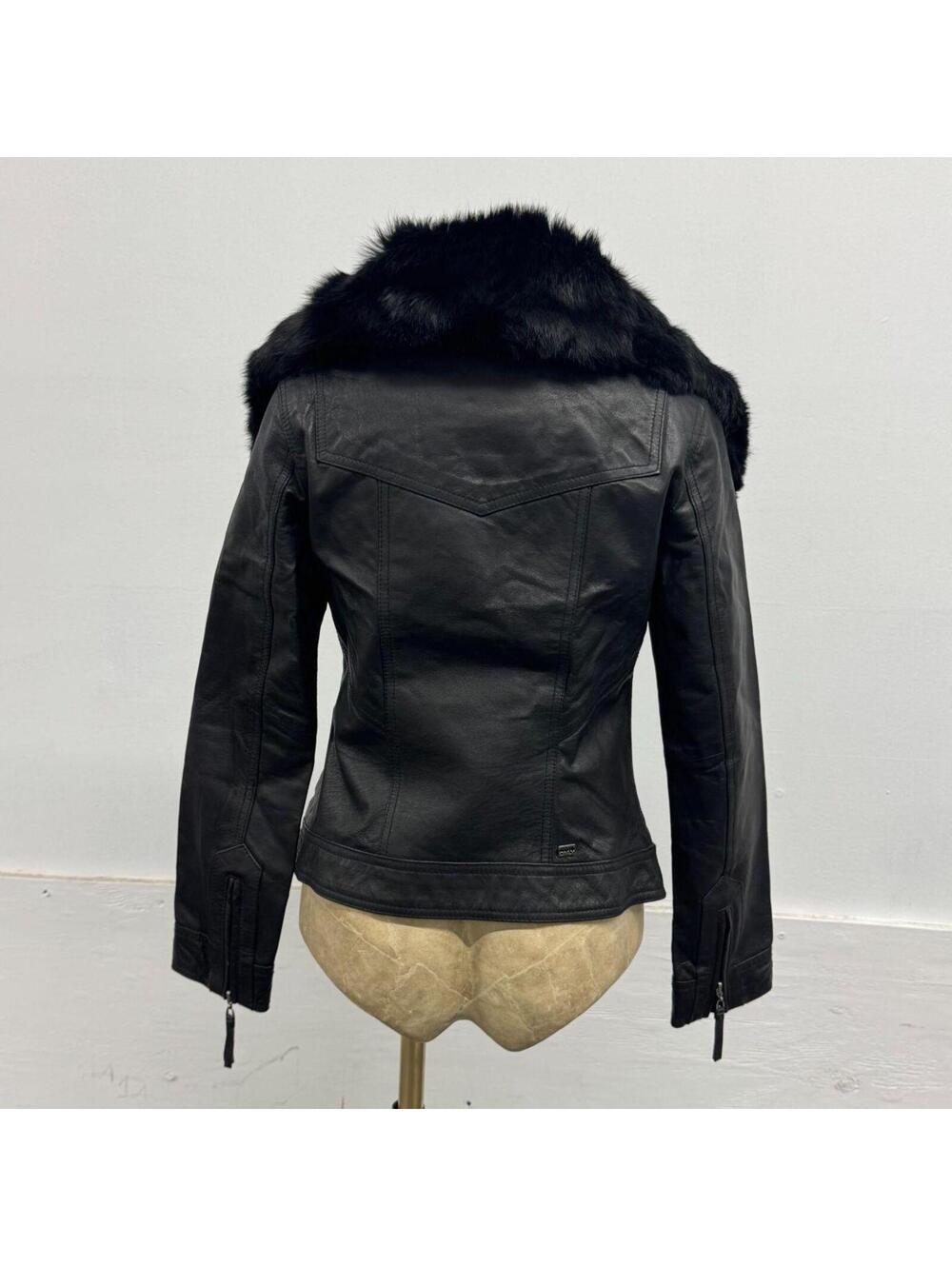 Vintage ONLY Black Leather Funnel Neck Jacket with Rabbit Fur Collar - Picture 2 of 8